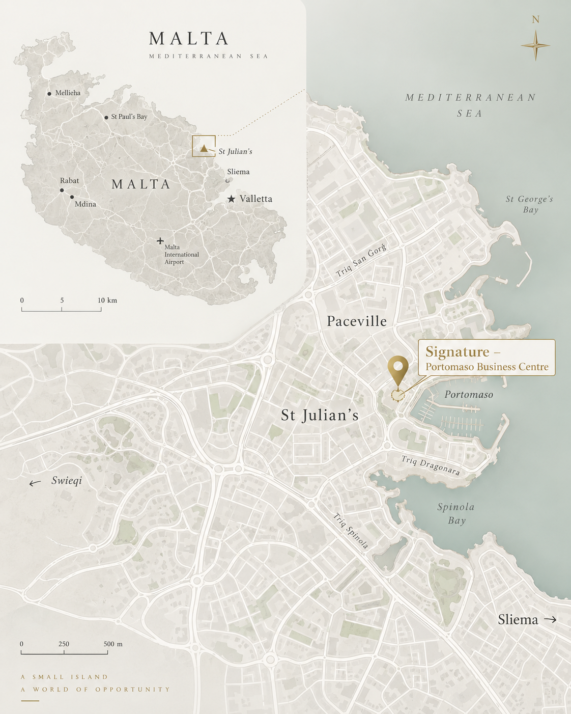 Detailed illustrated map of Malta highlighting St Julian’s and Signature – Portomaso Business Centre